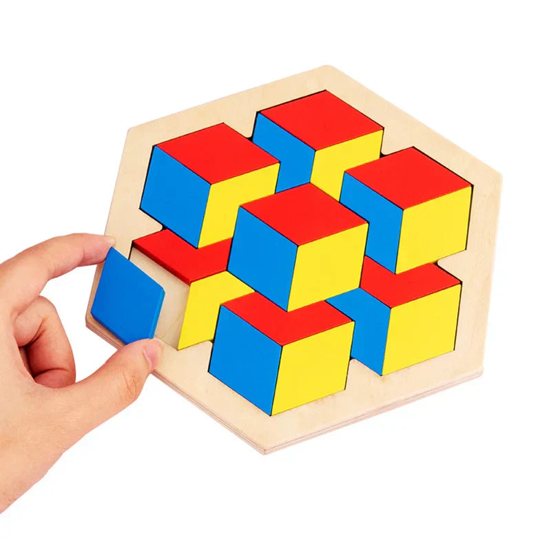 Montessori Wooden 3D Jigsaw Puzzle – Tangram Math & Shape Matching Educational Toys for Kids