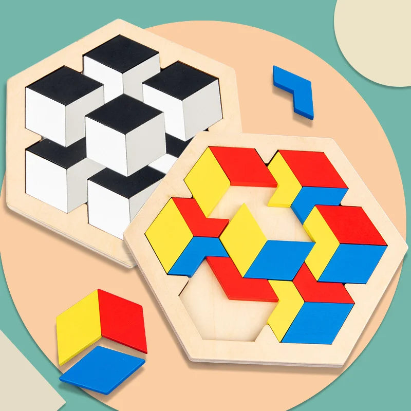 Montessori Wooden 3D Jigsaw Puzzle – Tangram Math & Shape Matching Educational Toys for Kids