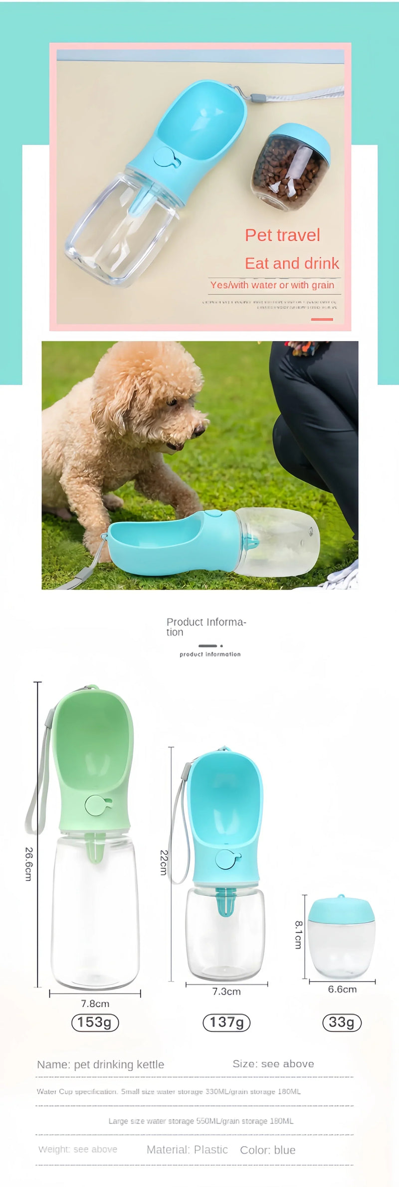 Portable Dog & Cat Water Bottle – 2-in-1 Food and Water Container for Pets, Feeder Bowl for Outdoor Travel