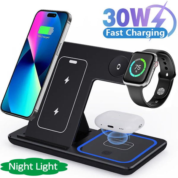 30W LED Fast Wireless Charger Stand – 3-in-1 Foldable Charging Station for iPhone, Apple Watch & AirPods