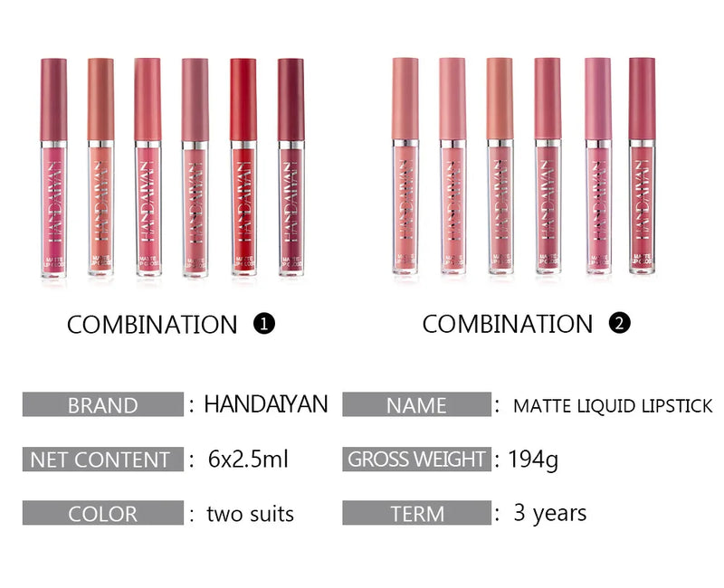 HANDAIYAN 6-Piece Liquid Velvet Matte Lip Gloss Set – Long Lasting Red & Nude Lipsticks for Women